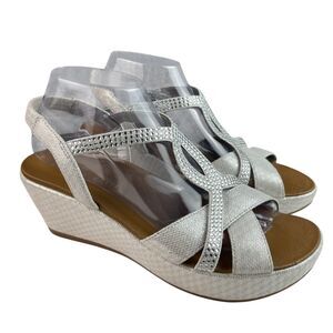 Kelly & Katie Calasy Wedge Sandals 9M Silver Strappy Slingback Embellished Shoes
